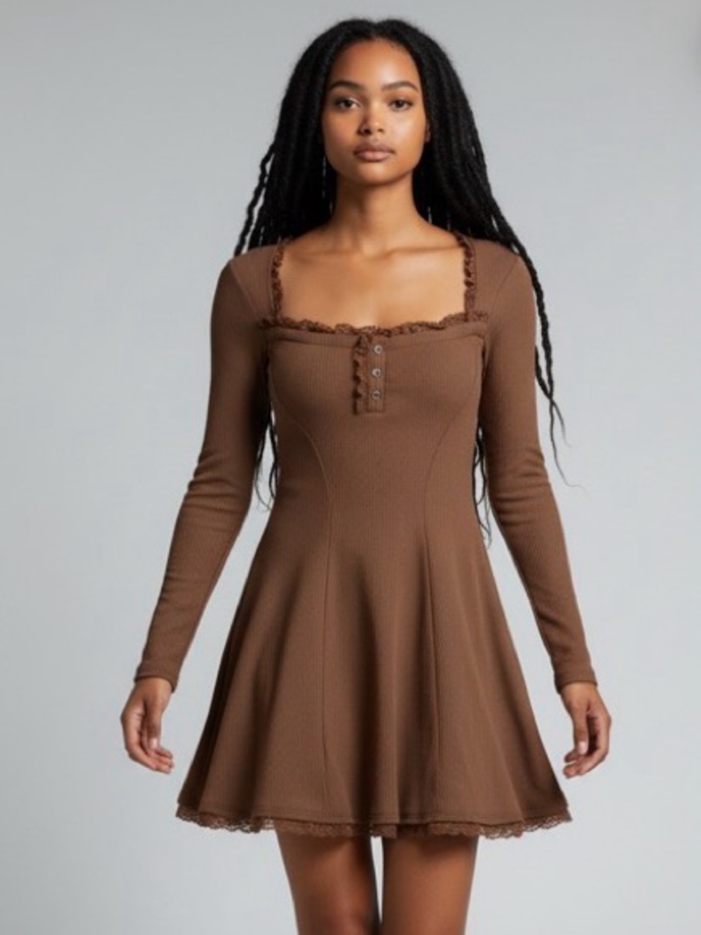 Dolls Kill Ribbed Brown Knit Henle Long Sleeve Skater Dress XS